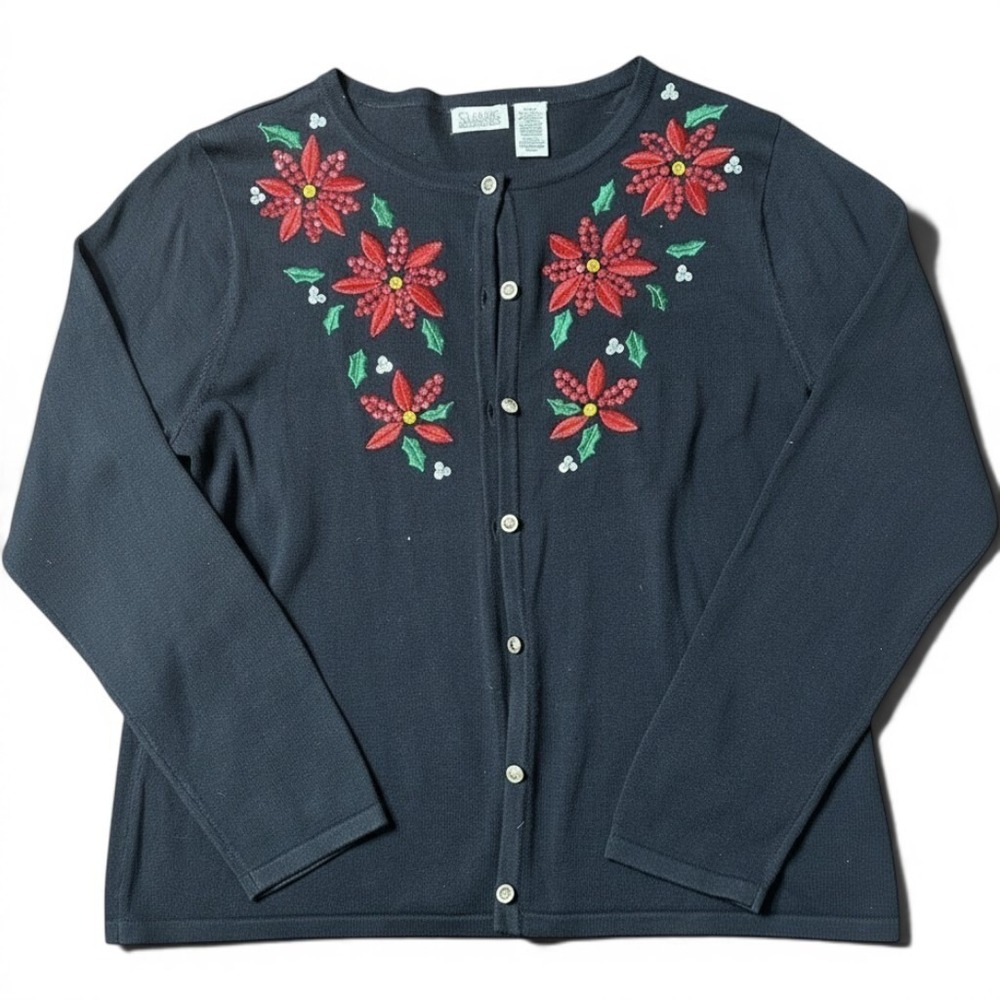 Classic Elements Womens XL Black Poinsettia Sequin Embroidered Holiday Cardigan